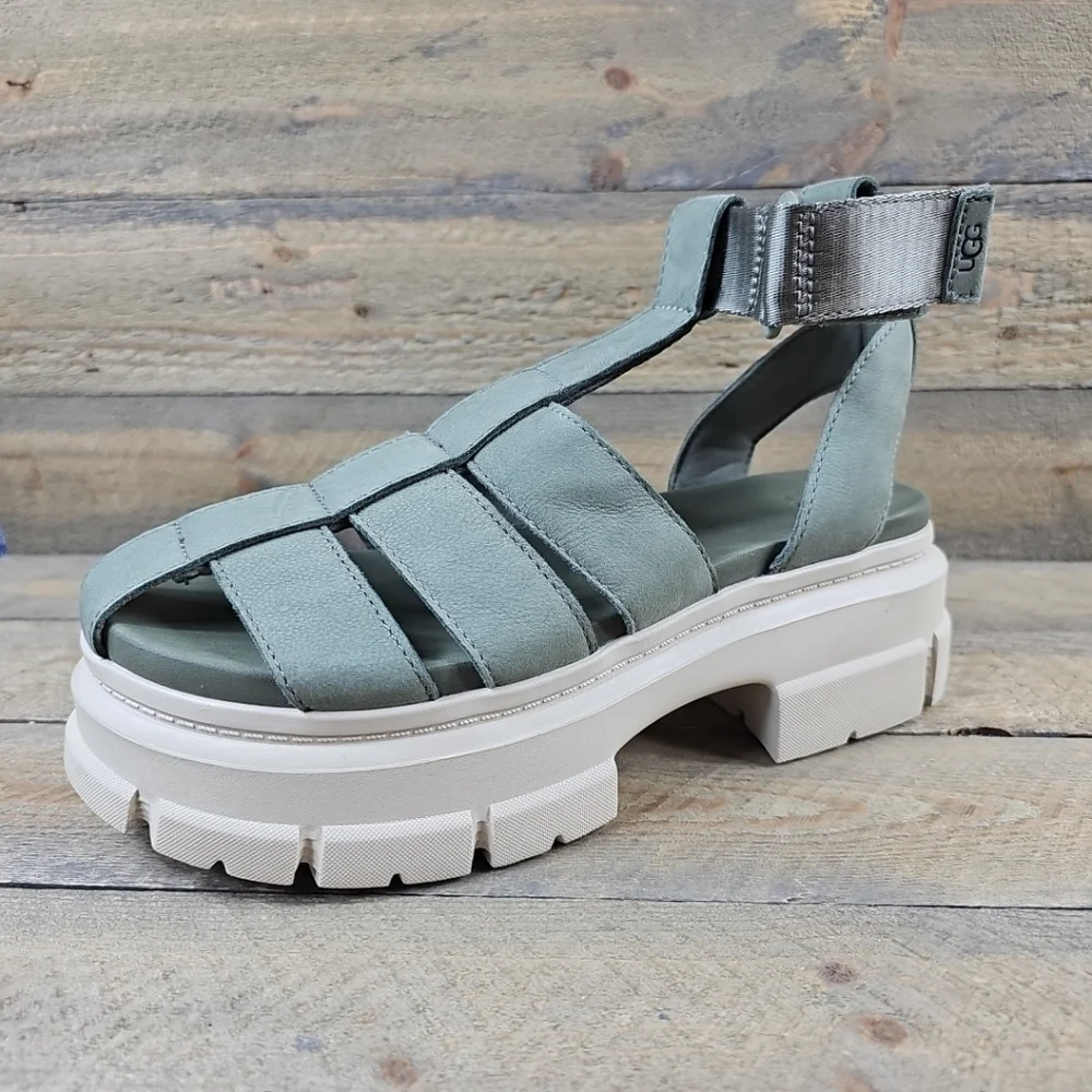 UGG Ashton Heritage Women's Platform Sandals Moss Green Suede Logo Strap - Picture 3 of 13